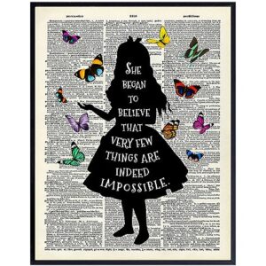 Alice in Wonderland Butterfly Wall Art 11x14 - Home Office, Girl, Kids Room Decor - Positive Quotes Wall Decor - Cheshire Cat, Mad Hatter - Lewis Carroll Quote Poster with Alice in Wonderland Decor