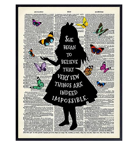 Alice in Wonderland Butterfly Wall Art 11x14 - Home Office, Girl, Kids Room Decor - Positive Quotes Wall Decor - Cheshire Cat, Mad Hatter - Lewis Carroll Quote Poster with Alice in Wonderland Decor