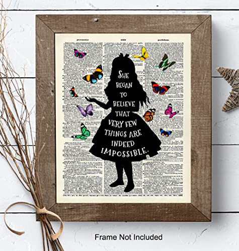 Alice in Wonderland Butterfly Wall Art 11x14 - Home Office, Girl, Kids Room Decor - Positive Quotes Wall Decor - Cheshire Cat, Mad Hatter - Lewis Carroll Quote Poster with Alice in Wonderland Decor