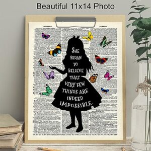 Alice in Wonderland Butterfly Wall Art 11x14 - Home Office, Girl, Kids Room Decor - Positive Quotes Wall Decor - Cheshire Cat, Mad Hatter - Lewis Carroll Quote Poster with Alice in Wonderland Decor