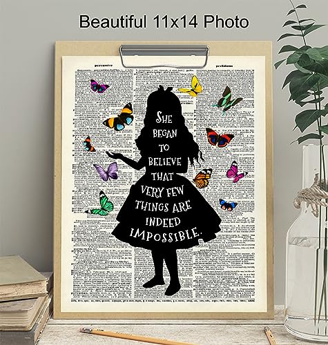 Alice in Wonderland Butterfly Wall Art 11x14 - Home Office, Girl, Kids Room Decor - Positive Quotes Wall Decor - Cheshire Cat, Mad Hatter - Lewis Carroll Quote Poster with Alice in Wonderland Decor