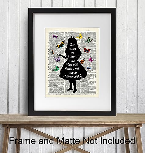 Alice in Wonderland Butterfly Wall Art 11x14 - Home Office, Girl, Kids Room Decor - Positive Quotes Wall Decor - Cheshire Cat, Mad Hatter - Lewis Carroll Quote Poster with Alice in Wonderland Decor