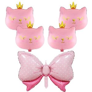 blingabc pink cat balloons 5pcs, large 20inch crown kitty cat with 30inch pink bow balloons for girls kitten animal themed baby shower birthday decoration party supplies