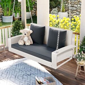 ubgo 2-person wicker hanging porch swing with chains, cushion, pillow, rattan swing bench for garden, backyard, pond. (white wicker, gray cushion)