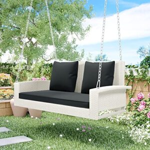 UBGO 2-Person Wicker Hanging Porch Swing with Chains, Cushion, Pillow, Rattan Swing Bench for Garden, Backyard, Pond. (White Wicker, Gray Cushion)