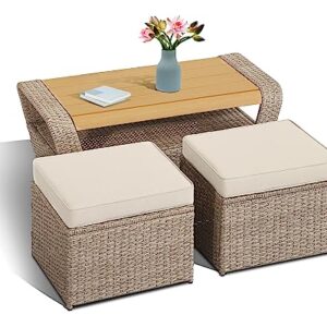 LEISU Outdoor Patio Furniture Sets 3 Pieces Wicker Rattan Outdoor Sectional Sofa Conversation Set for Garden Balcony Backyard Porch (Grey-Ottoman*2+Coffee Table)