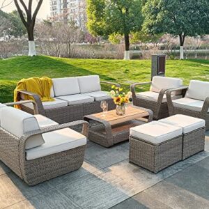 LEISU Outdoor Patio Furniture Sets 3 Pieces Wicker Rattan Outdoor Sectional Sofa Conversation Set for Garden Balcony Backyard Porch (Grey-Ottoman*2+Coffee Table)