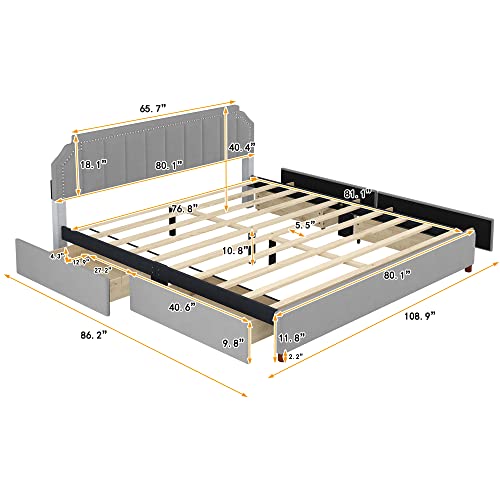 GLORHOME King Size Upholstered Platform Bed with Headboard and 4 Storage Drawers, Solid Support Legs