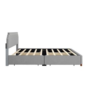 GLORHOME King Size Upholstered Platform Bed with Headboard and 4 Storage Drawers, Solid Support Legs