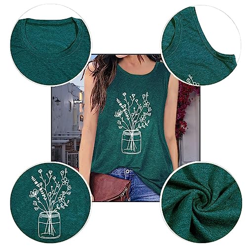 Hunnytia Women's Floral Plants Graphic Shirts Nature Sunflower Pattern Printed Tank Tops Athletic Camping Hiking Muscle Camis,Green L