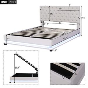 Lift Up Queen Size Storage Bed with LED Light, Velvet Upholstered Platform Bed with Adjustable Headboard, Modern Button Tufted Queen Bed Frame, No Box Spring Needed, White