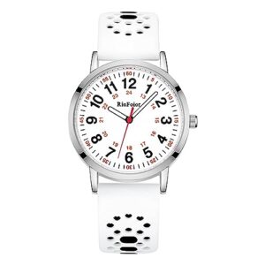 RioFoior Nurse Watch for Nurse,Nursing Student,Medical Professionals,Doctors,with Variety Colors,Second Hand and 24 Hour,Easy to Read Waterproof Watch（White-Black）