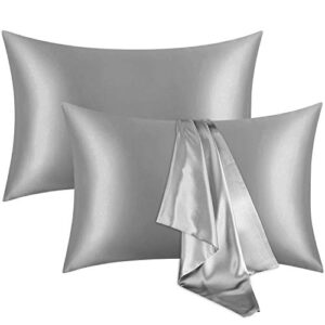 aimtop satin pillowcases for hair and skin, dark grey silk pillowcases standard size set of 2, lightweight soft microfiber pillow case with envelope closure (20x30inches)