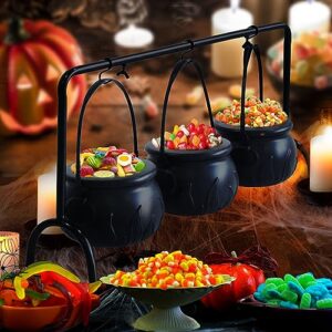 3pcs black plastic witches cauldron serving bowls on rack, halloween party decotations, halloween decor candy bucket cauldron for outdoor and indoor home kitchen halloween decoration
