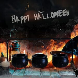 3pcs Black Plastic Witches Cauldron Serving Bowls on Rack, Halloween Party Decotations, Halloween Decor Candy Bucket Cauldron for Outdoor and Indoor Home Kitchen Halloween Decoration