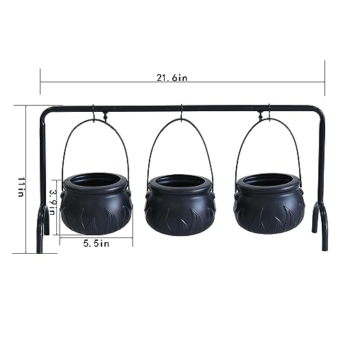 3pcs Black Plastic Witches Cauldron Serving Bowls on Rack, Halloween Party Decotations, Halloween Decor Candy Bucket Cauldron for Outdoor and Indoor Home Kitchen Halloween Decoration