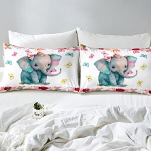 Erosebridal Girls Elephant Comforter Cover Cute Animal Duvet Cover Full Size for Kids Toddlers Boys Bedroom Decor, Floral Butterfly Bedding Set Kawaii Elephant Bed Cover with 4 Corner Ties, Colorful