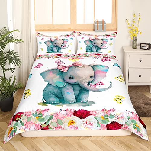 Erosebridal Girls Elephant Comforter Cover Cute Animal Duvet Cover Full Size for Kids Toddlers Boys Bedroom Decor, Floral Butterfly Bedding Set Kawaii Elephant Bed Cover with 4 Corner Ties, Colorful