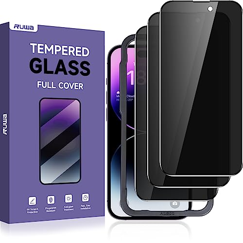 Ruwa Privacy Screen Protector for iPhone 14 Pro Max [3-Pack] [6.7 Inch] Display Tempered Glass Film with Easy Installation Alignment Frame, 9H Hardness, Scratch Resistant, Case Friendly, Full Coverage