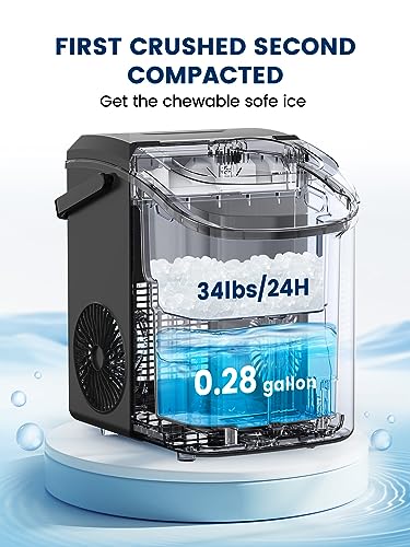 Kndko Nugget Ice Maker Countertop,34lbs/Day,Portable Crushed Ice Machine,Self Cleaning with One-Click Design & Removable Top Cover,Soft Chewable Pebble Ice Maker for Home Bar Camping RV,Black Basic