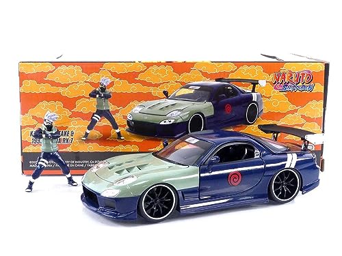 Jada Toys Naruto 1:24 1995 Mazda RX-7 Die-Cast Car & 2.75" Kakashi Hatake Figure, Blue,Green