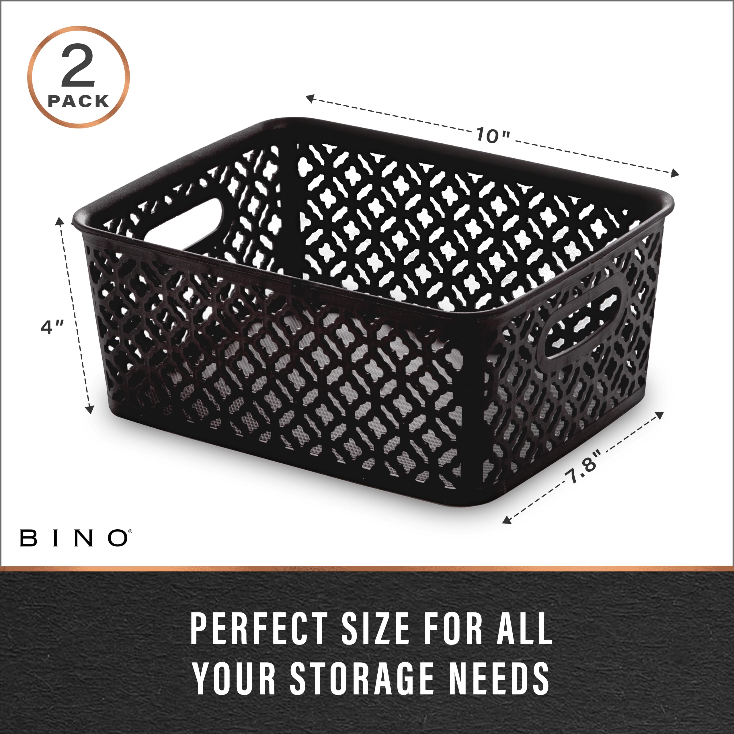 BINO l Plastic Storage Baskets, Medium - Black | THE BLOSSOM COLLECTION l Multi-Use Organizer Bin l Built-in Handles l Plastic Woven Basket for Organizing l Pantry & Home Organizing Basket