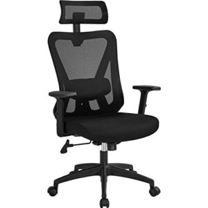yaheetech ergonomic office chair desk chair high back mesh computer chair study chair with lumbar support adjustable armrest, backrest and headrest for home office working black