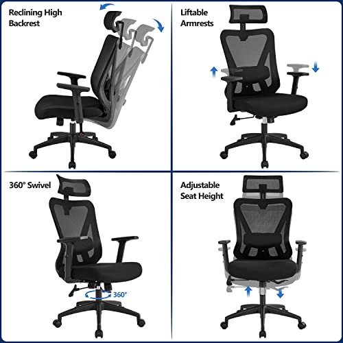 Yaheetech Ergonomic Office Chair Desk Chair High Back Mesh Computer Chair Study Chair with Lumbar Support Adjustable Armrest, Backrest and Headrest for Home Office Working Black