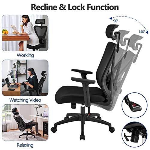 Yaheetech Ergonomic Office Chair Desk Chair High Back Mesh Computer Chair Study Chair with Lumbar Support Adjustable Armrest, Backrest and Headrest for Home Office Working Black