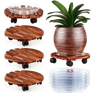 5 pack plant caddy with wheels heavy duty 13.5 inch wooden plant stand with wheels plant dolly rolling plant stand plant roller with casters for indoor and outdoor with 5 pack plant saucers, round