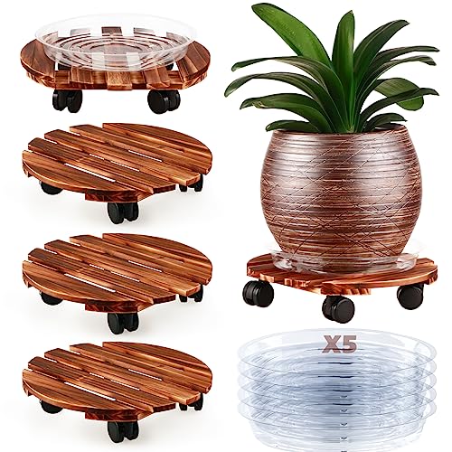 5 Pack Plant Caddy with Wheels Heavy Duty 13.5 Inch Wooden Plant Stand with Wheels Plant Dolly Rolling Plant Stand Plant Roller with Casters for Indoor and Outdoor with 5 Pack Plant Saucers, Round