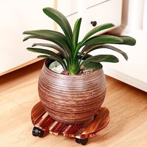 5 Pack Plant Caddy with Wheels Heavy Duty 13.5 Inch Wooden Plant Stand with Wheels Plant Dolly Rolling Plant Stand Plant Roller with Casters for Indoor and Outdoor with 5 Pack Plant Saucers, Round