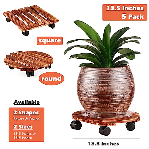 5 Pack Plant Caddy with Wheels Heavy Duty 13.5 Inch Wooden Plant Stand with Wheels Plant Dolly Rolling Plant Stand Plant Roller with Casters for Indoor and Outdoor with 5 Pack Plant Saucers, Round