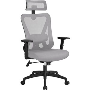 yaheetech office chair ergonomic computer desk chair with adjustable lumbar support armrest and headrest, swivel working study chair for home office, light grey