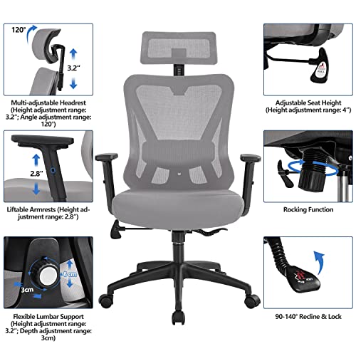 Yaheetech Office Chair Ergonomic Computer Desk Chair with Adjustable Lumbar Support Armrest and Headrest, Swivel Working Study Chair for Home Office, Light Grey
