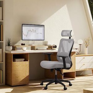 Yaheetech Office Chair Ergonomic Computer Desk Chair with Adjustable Lumbar Support Armrest and Headrest, Swivel Working Study Chair for Home Office, Light Grey