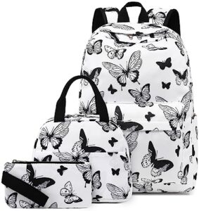 ledaou backpack for girls school bag kids bookbag teen backpack set daypack with lunch bag and pencil case (butterfly white)