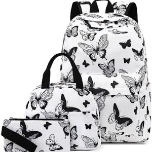 LEDAOU Backpack for Girls School Bag Kids Bookbag Teen Backpack Set Daypack with Lunch Bag and Pencil Case (Butterfly White)