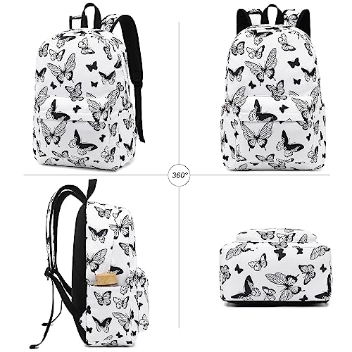 LEDAOU Backpack for Girls School Bag Kids Bookbag Teen Backpack Set Daypack with Lunch Bag and Pencil Case (Butterfly White)