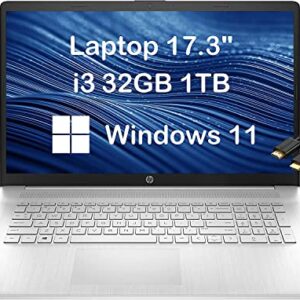 HP 17 Laptop 17.3" HD+ (32GB RAM, 1TB SSD, Intel 4-Core i3-1125G4 (Beat i5-1035G4), UHD Graphics) Home & Business Laptop, 9.5-Hr Battery Life, Webcam, Type-C, IST Cable, Win 11 Home in S Mode -2023