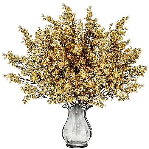 Sggvecsy 15 Pcs Babys Breath Artificial Flowers Gypsophila Bouquets Bulk Real Touch Fake Silk Flowers for Home Wedding DIY Floral Arrangement Kitchen Table Centerpiece Christmas Decoration (Gold)