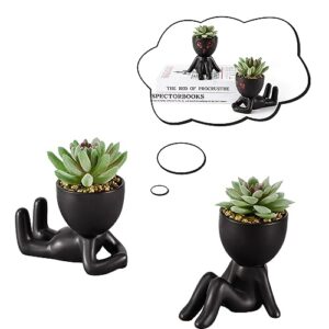 yastouay 2 pack fake succulents plants artificial succulents cute faux succulents in black human shaped pots office desk decor for women