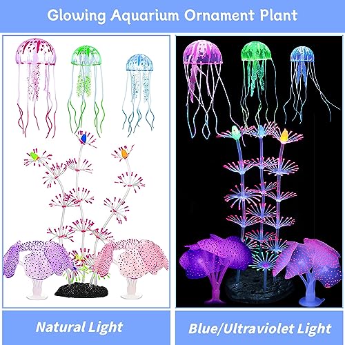 kathson 6 Pack Glowing Fish Tank Decorations Silicone Glow Aquarium Decor Simulation Plants Coral Jellyfish Artificial Horn Coral Fluorescence Soft Sea Anemone Coral Plant Fish Tank Glow Ornaments