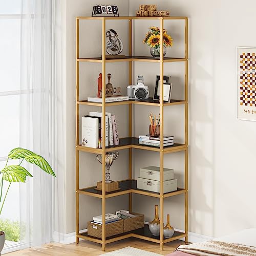 LITTLE TREE 6-Tier Corner Bookshelf: Modern Tall L-Shaped Corner Bookcase Large Etagere Book Shelving Unit Storage Display Rack with Metal Frame for Living Room Office Bedroom, Black & Gold