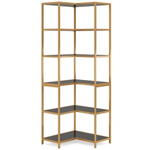 LITTLE TREE 6-Tier Corner Bookshelf: Modern Tall L-Shaped Corner Bookcase Large Etagere Book Shelving Unit Storage Display Rack with Metal Frame for Living Room Office Bedroom, Black & Gold