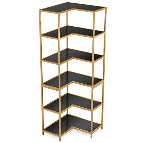 LITTLE TREE 6-Tier Corner Bookshelf: Modern Tall L-Shaped Corner Bookcase Large Etagere Book Shelving Unit Storage Display Rack with Metal Frame for Living Room Office Bedroom, Black & Gold