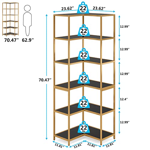 LITTLE TREE 6-Tier Corner Bookshelf: Modern Tall L-Shaped Corner Bookcase Large Etagere Book Shelving Unit Storage Display Rack with Metal Frame for Living Room Office Bedroom, Black & Gold