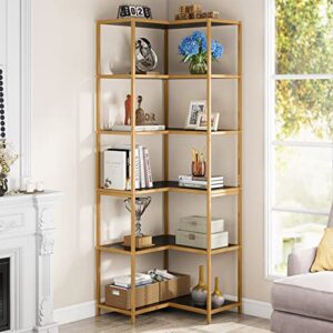 LITTLE TREE 6-Tier Corner Bookshelf: Modern Tall L-Shaped Corner Bookcase Large Etagere Book Shelving Unit Storage Display Rack with Metal Frame for Living Room Office Bedroom, Black & Gold