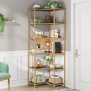 LITTLE TREE 6-Tier Corner Bookshelf: Modern Tall L-Shaped Corner Bookcase Large Etagere Book Shelving Unit Storage Display Rack with Metal Frame for Living Room Office Bedroom, Black & Gold