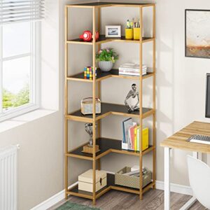 LITTLE TREE 6-Tier Corner Bookshelf: Modern Tall L-Shaped Corner Bookcase Large Etagere Book Shelving Unit Storage Display Rack with Metal Frame for Living Room Office Bedroom, Black & Gold